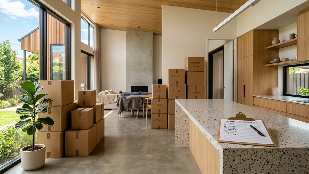 Cardboard moving boxes and moving checklist in a modern Melbourne house