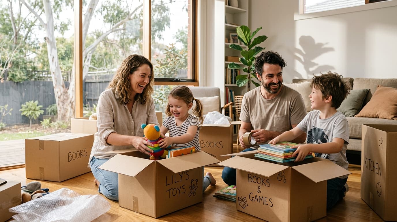 Parents and children packing moving boxes together in a Melbourne home